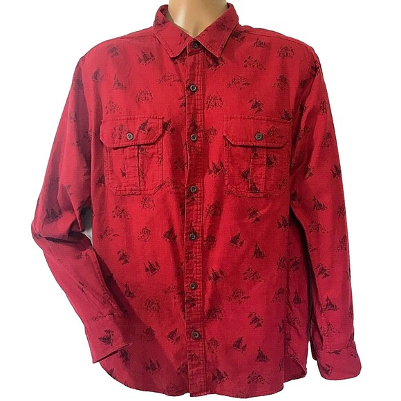 Uniqlo Soft Flannel Shirt Red Mountain Pine Tree Graphic L Men Outdoor Gorpcore - Picture 1 of 12